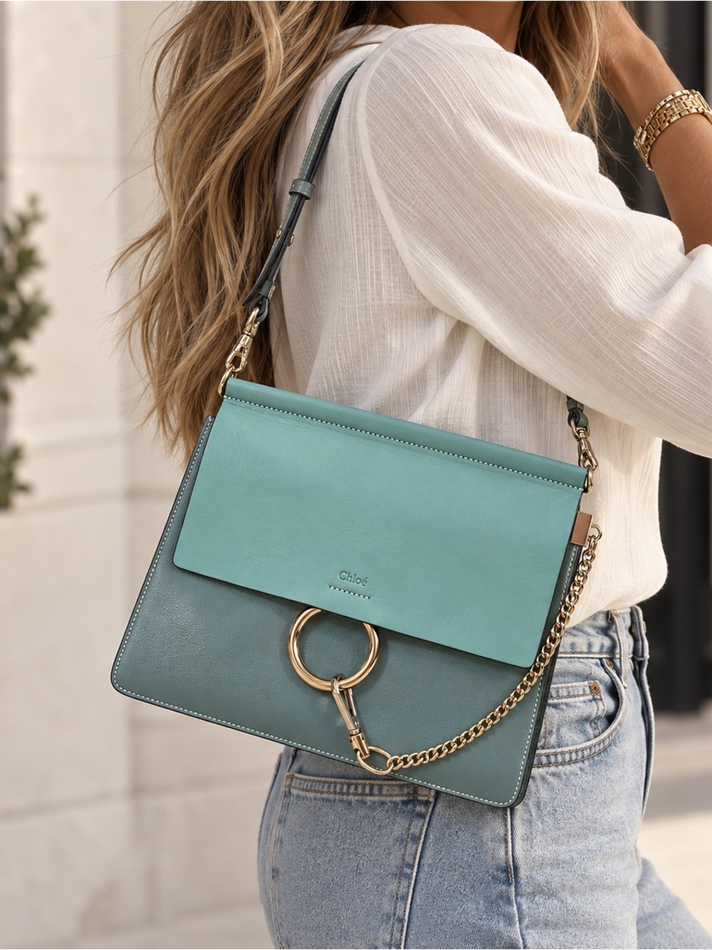 Chloé Faye Medium/Large Leather & Suede Shoulder Crossbody Bag Blue Teal Gold